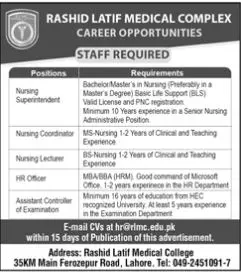 Rashid Latif Medical Complex Lahore Jobs 2023 – Rashid Latif Medical College Jobs 2023 — original advertisement
