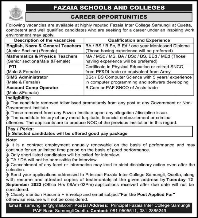 Fazaia School & College Quetta Jobs 2023 – Fazaia Schools & Colleges Jobs 2023 — original advertisement
