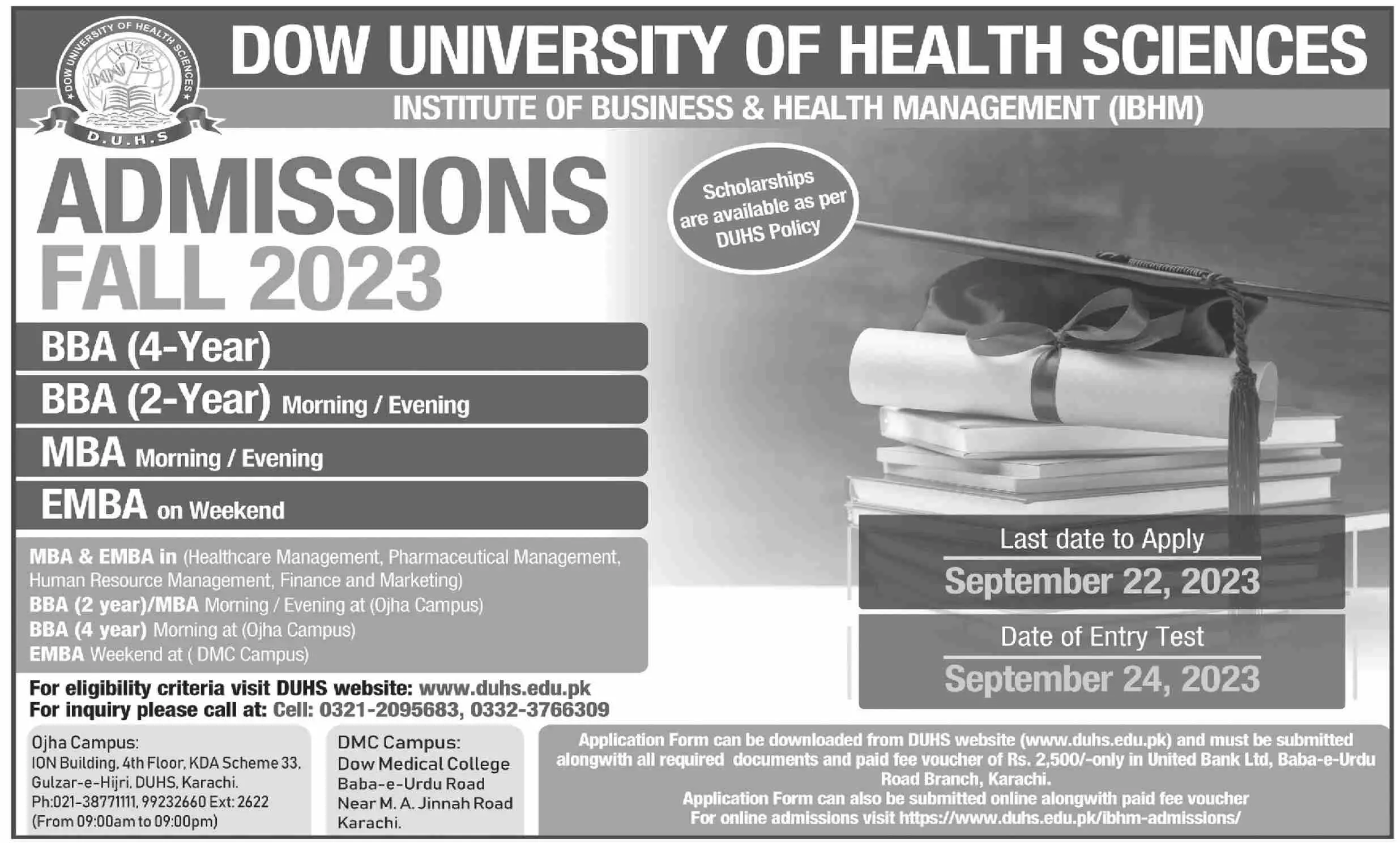Dow University of Health Sciences Karachi Admissions 2023 Admissions 2023 — original advertisement
