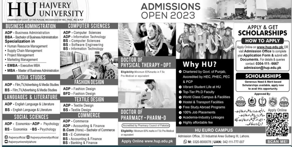 hajvery University HU Lahore Admissions – Hajvery University Lahore Admissions 2023 — original advertisement