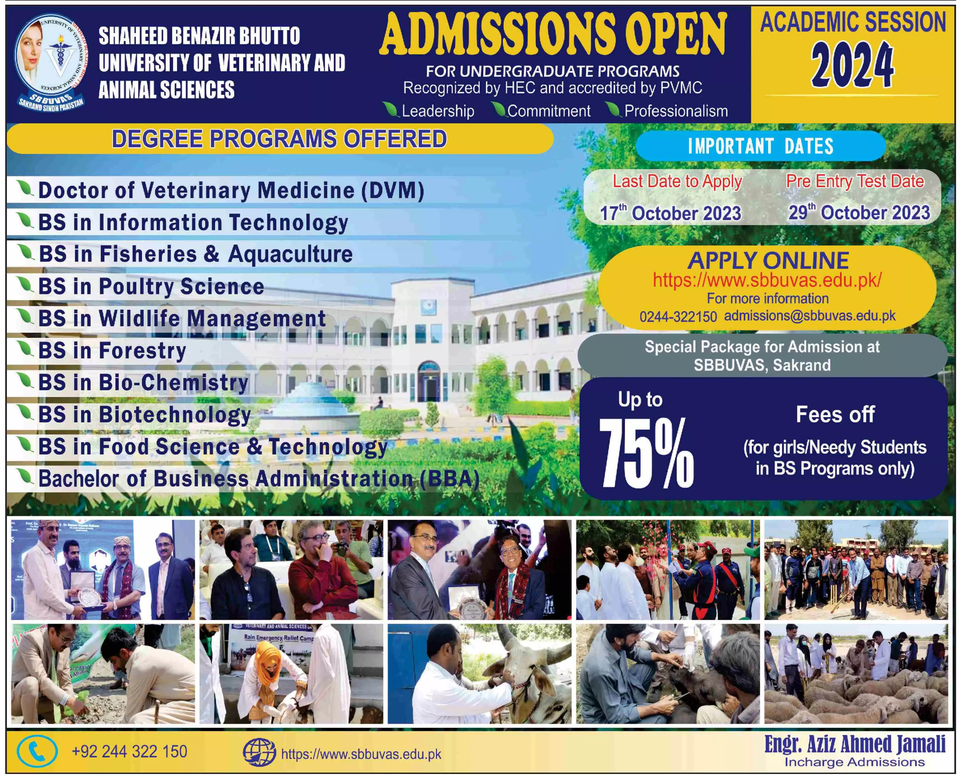 Shaheed Benazir Bhutto University Of Veterinary Admissions – Shaheed Benazir Bhutto University of Veterinary & Animal Sciences Sakrand Sindh Admissions 2023 — original advertisement