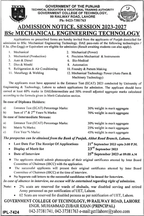 Technical Education and Vocational Training Admissions 2023 – Technical Education & Vocational Training Authority TEVTA Punjab Admissions 2023 — original advertisement