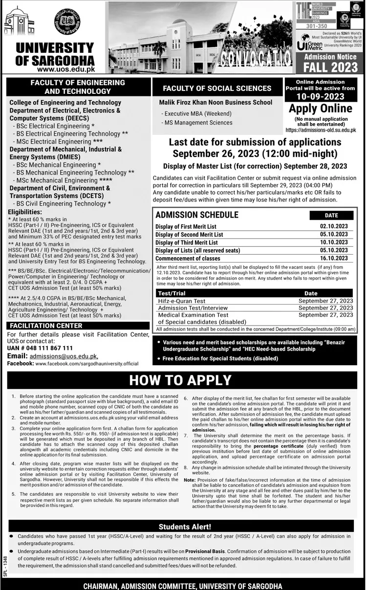 University of Sargodha Admission 2023 Admissions 2023 — original advertisement