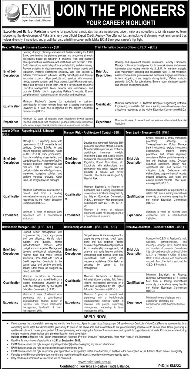 Export Import Bank of Pakistan Islamabad Jobs 2023 – export import of pakistan Jobs 2023 — original advertisement
