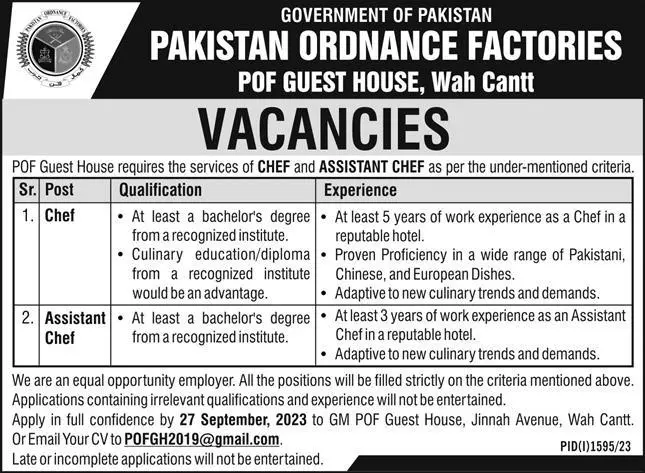 Pakistan Ordnance Factories POF Wah Cantt Jobs 2023 – Pakistan Ordnance Factories Board Wah Cantt Jobs 2023 — original advertisement