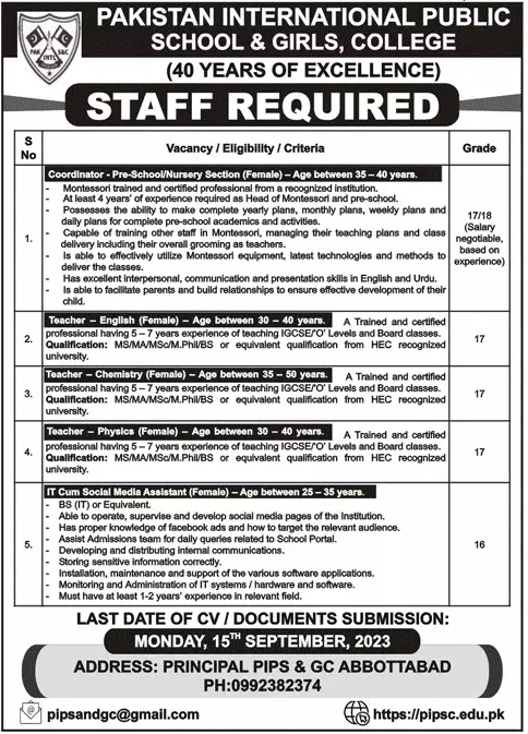 Pakistan International Public School & College Jobs 2023 – Pakistan International Public School & College Abbottabad Jobs 2023 — original advertisement