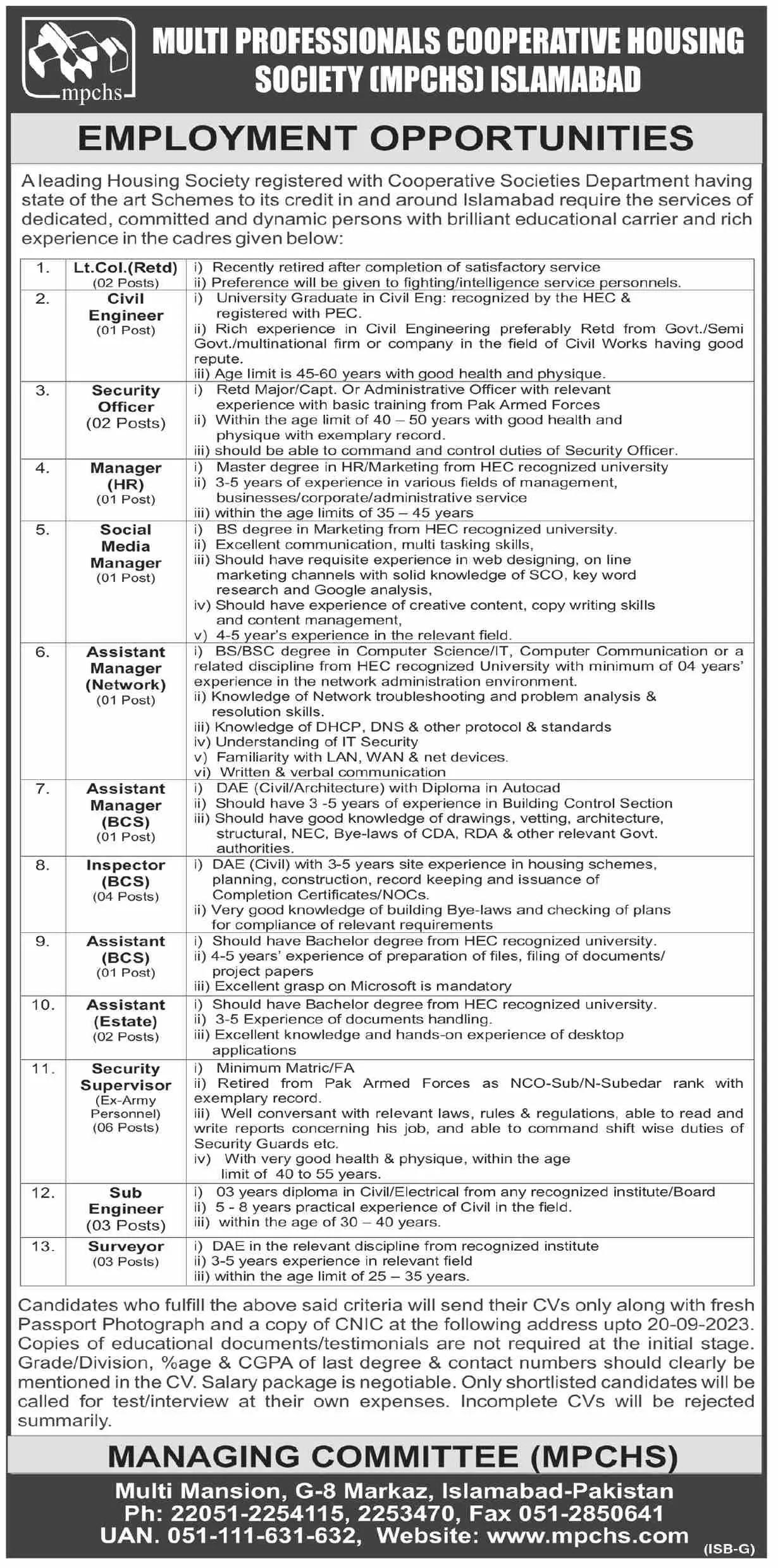 Multi Professional Cooperative Housing Society Islamabad Job – Mountain Communities Multi Purpose Cooperative Society Jobs 2023 — original advertisement