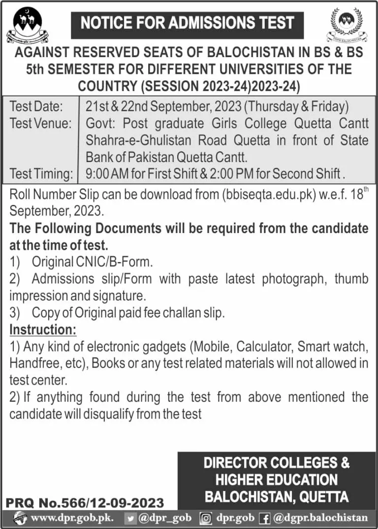 Reserved Seats of Balochistan in Different Universities – Colleges Higher and Technical Education Department Balochsitan Admissions 2023 — original advertisement