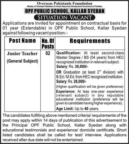 OPF Public School Rawalpindi Punjab Jobs 2023 Jobs 2023 — original advertisement