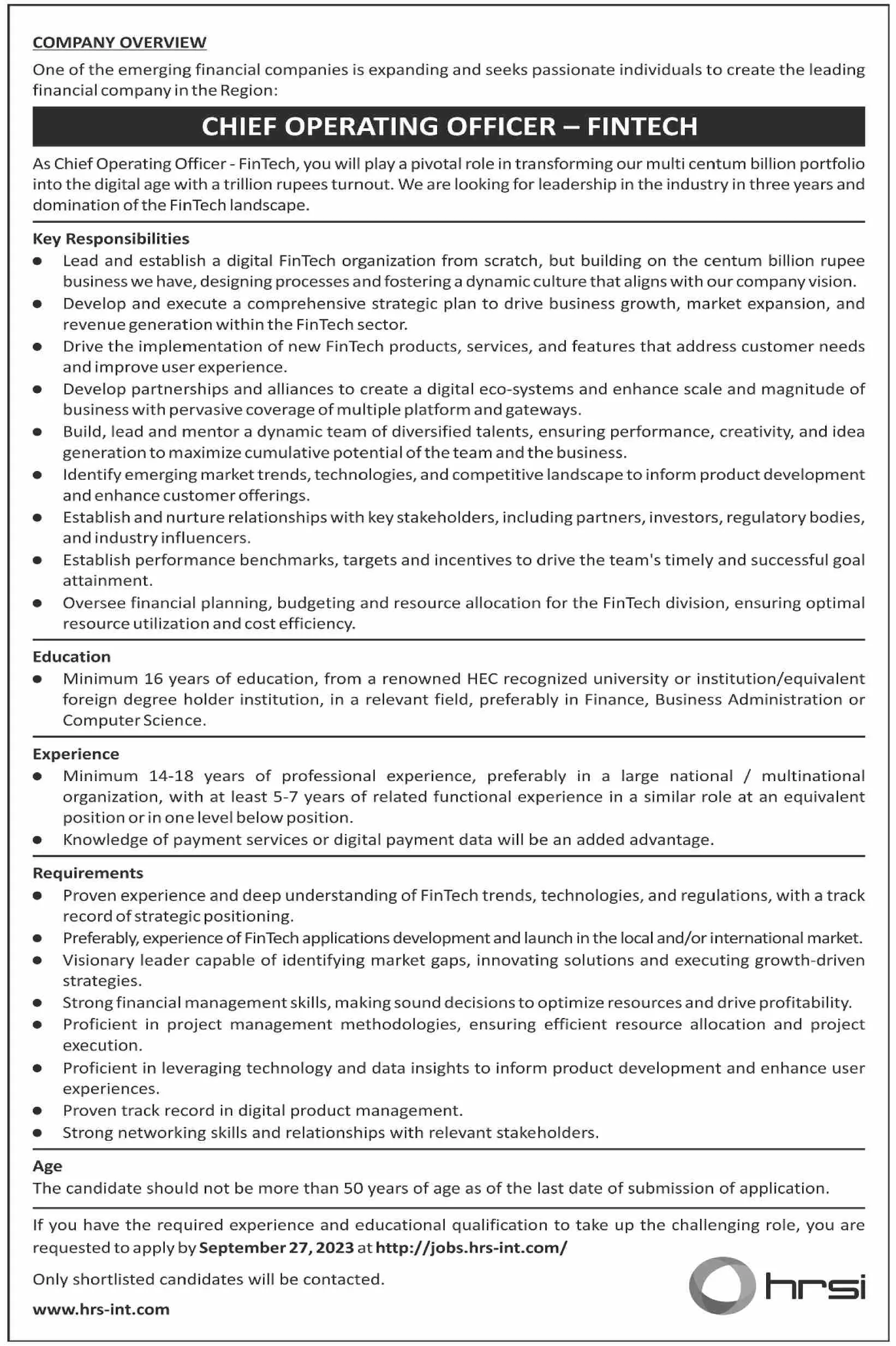 Human Resource Solution International HRSI Karachi Jobs 2023 – HRSG People and Business karachi Jobs 2023 — original advertisement