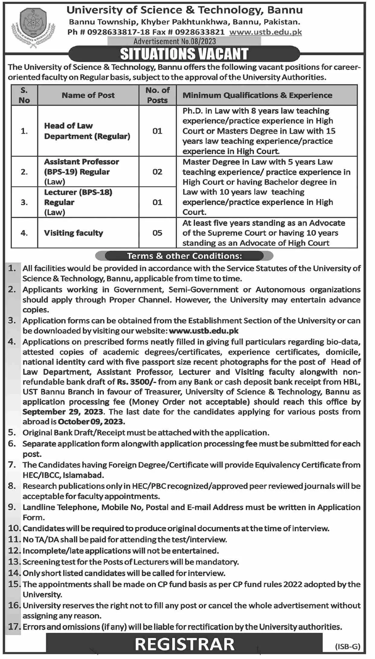 University of Science and Technology Bannu Jobs 2023 Jobs 2023 — original advertisement