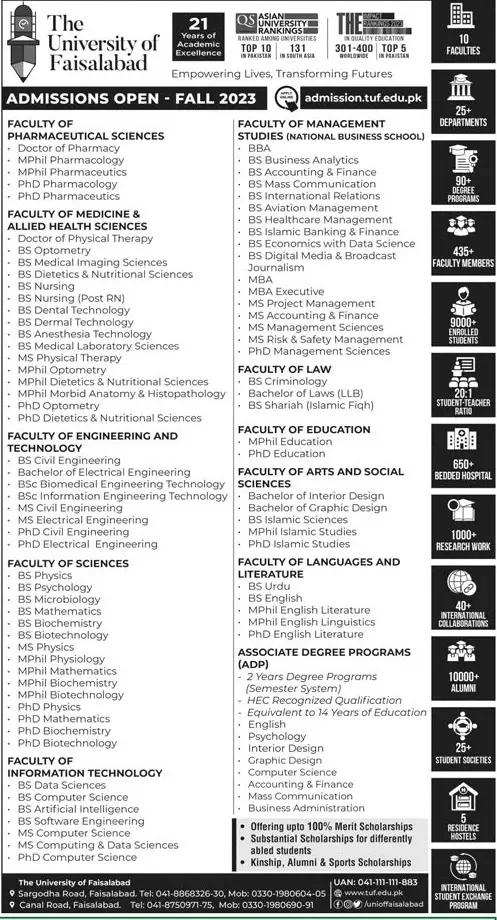 University of Faislabad Punjab Admissions fall 2023 – University Of Faisalabad Admissions 2023 — original advertisement
