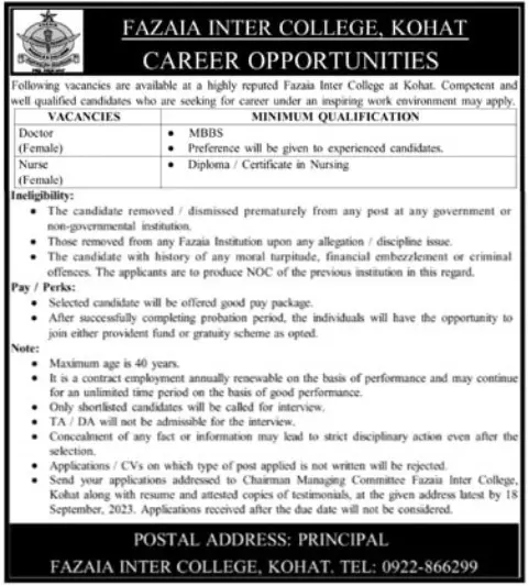 Fazaia Inter College Kohat Khyber Pakhtunkhwa Jobs 2023 – Fazaia Schools & Colleges Jobs 2023 — original advertisement