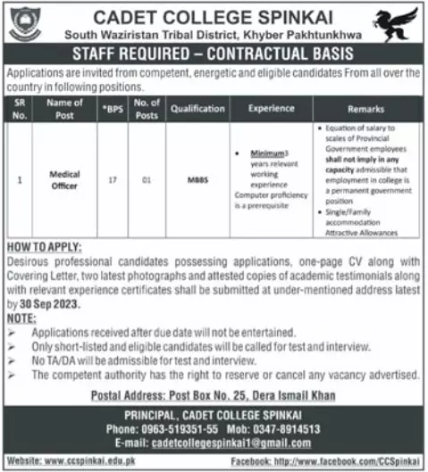 Cadet College Spinkai South Waziristan Jobs 2023 – Cadet College Spinkai South Waziristan Agency Jobs 2023 — original advertisement