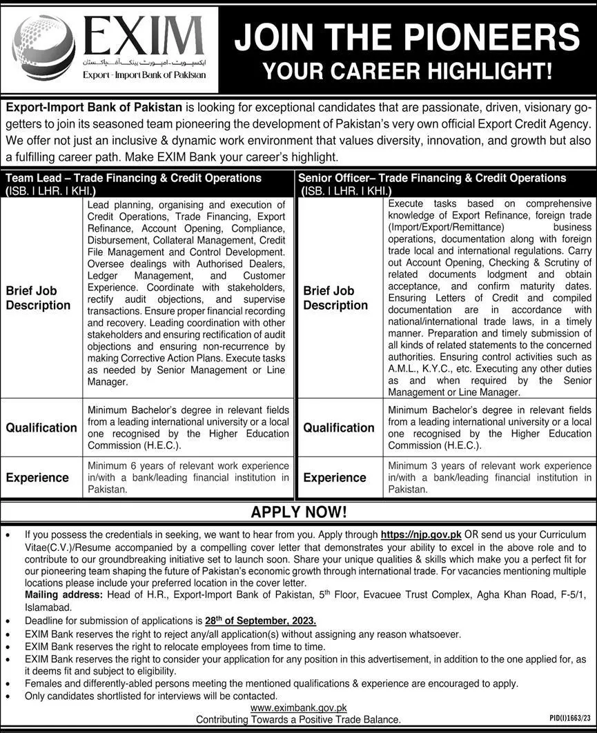 Exim Import Bank Of Pakistan Islamabad Jobs 2023 – EXIM Bank of Pakistan Jobs 2023 — original advertisement
