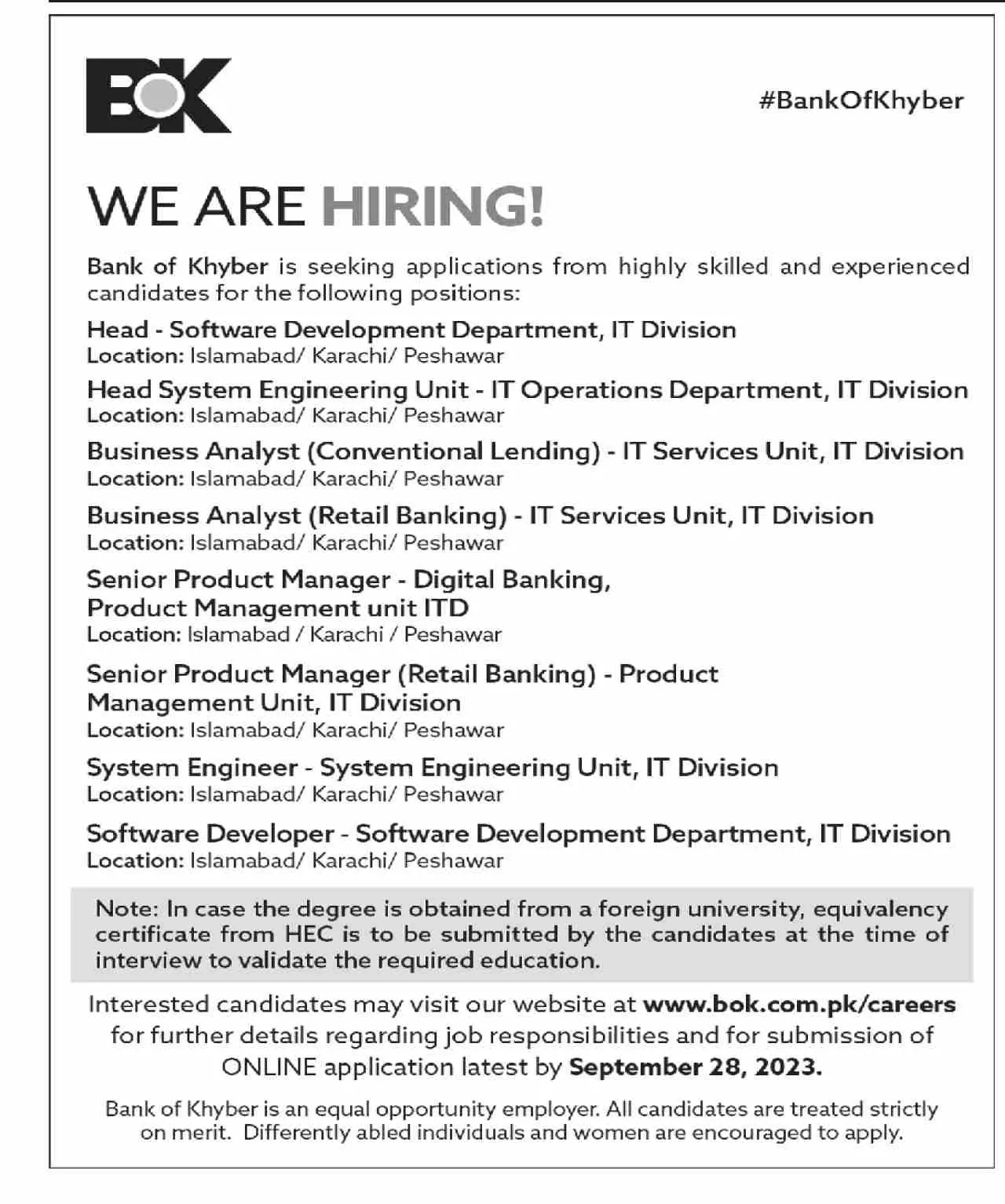 The Bank of Khyber BOK Islamabad Jobs 2023 Jobs 2023 — original advertisement