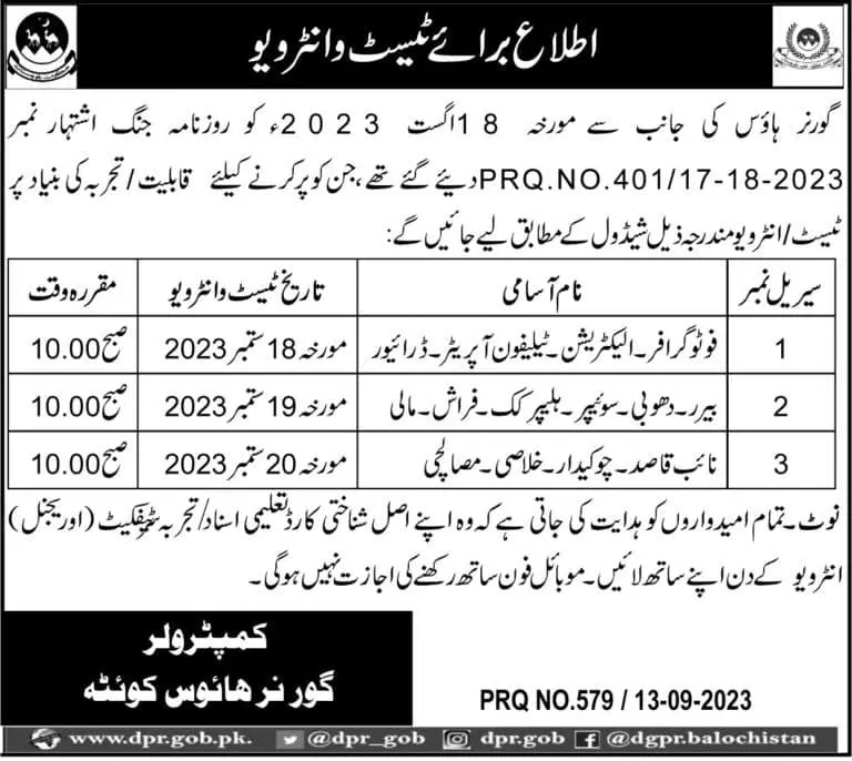 Governor House Quetta Balochistan Test Interview 2023 – Governor House Balochistan Jobs 2023 — original advertisement