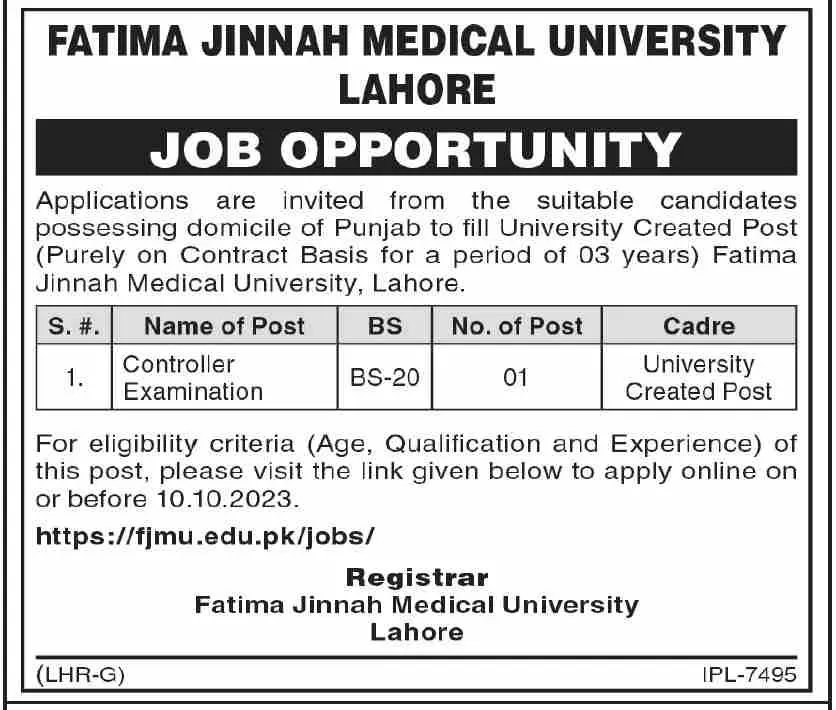 Fatima Jinnah Medical University Lahore Punjab Jobs 2023 Jobs 2023 — original advertisement