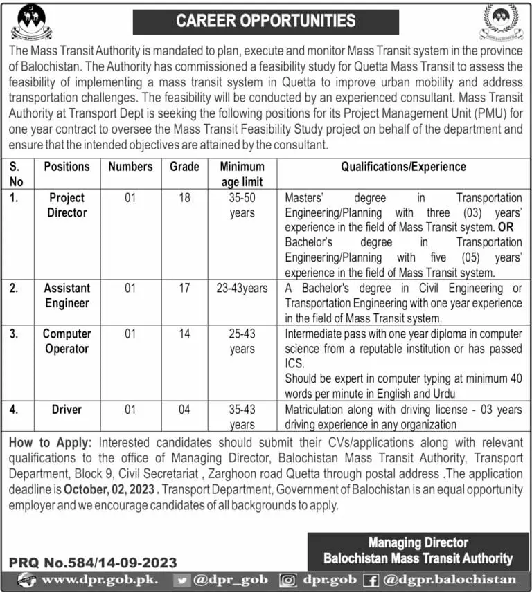 Balochistan Mass Transit Authority Quetta Jobs 2023 Jobs 2023 — original advertisement