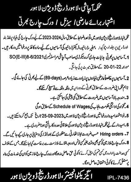 Lahore Drainage Division Irrigation Department Jobs 2023 – Irrigation Department Punjab Jobs 2023 — original advertisement