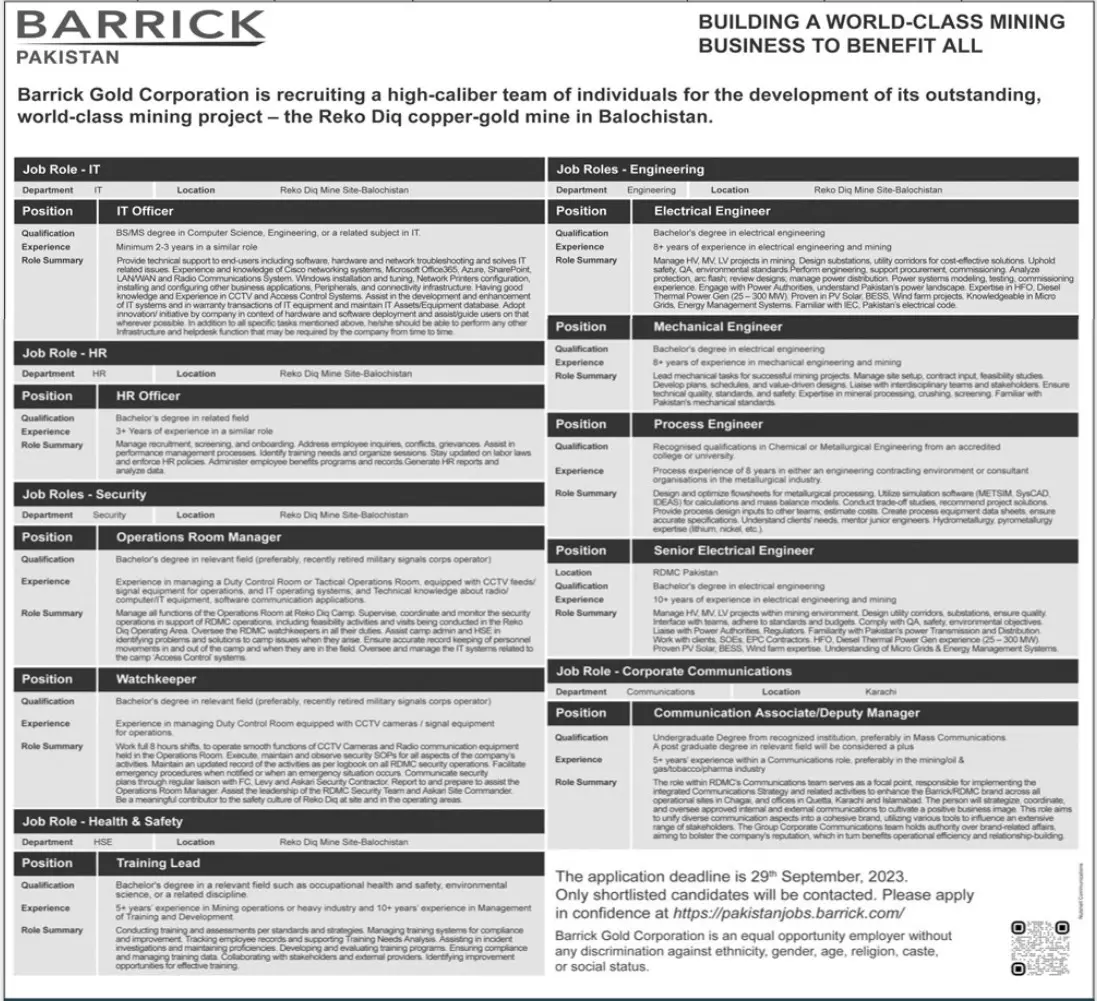 Barrick Pakistan Chaghi Balochistan Jobs 2023 Jobs 2023 — original advertisement
