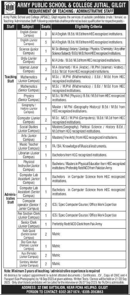 Army Public School & College APS&CGilgit Baltistan Jobs 2023 – Army Public School & College Paksitan Jobs 2023 — original advertisement