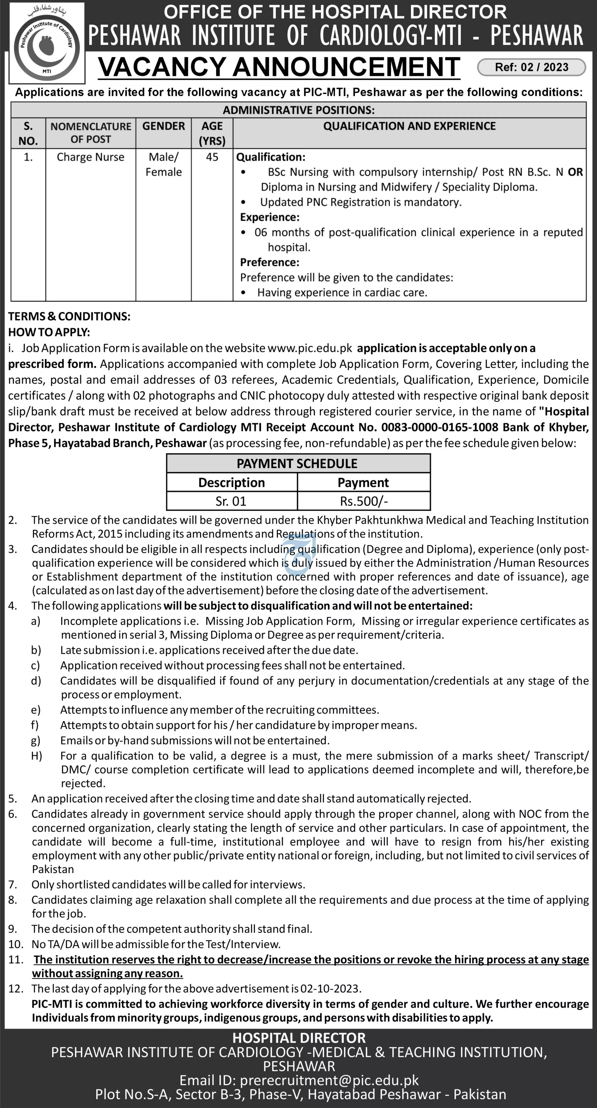 Peshawar Institute of Cardiology PIC Peshawar Jobs 2023 Jobs 2023 — original advertisement
