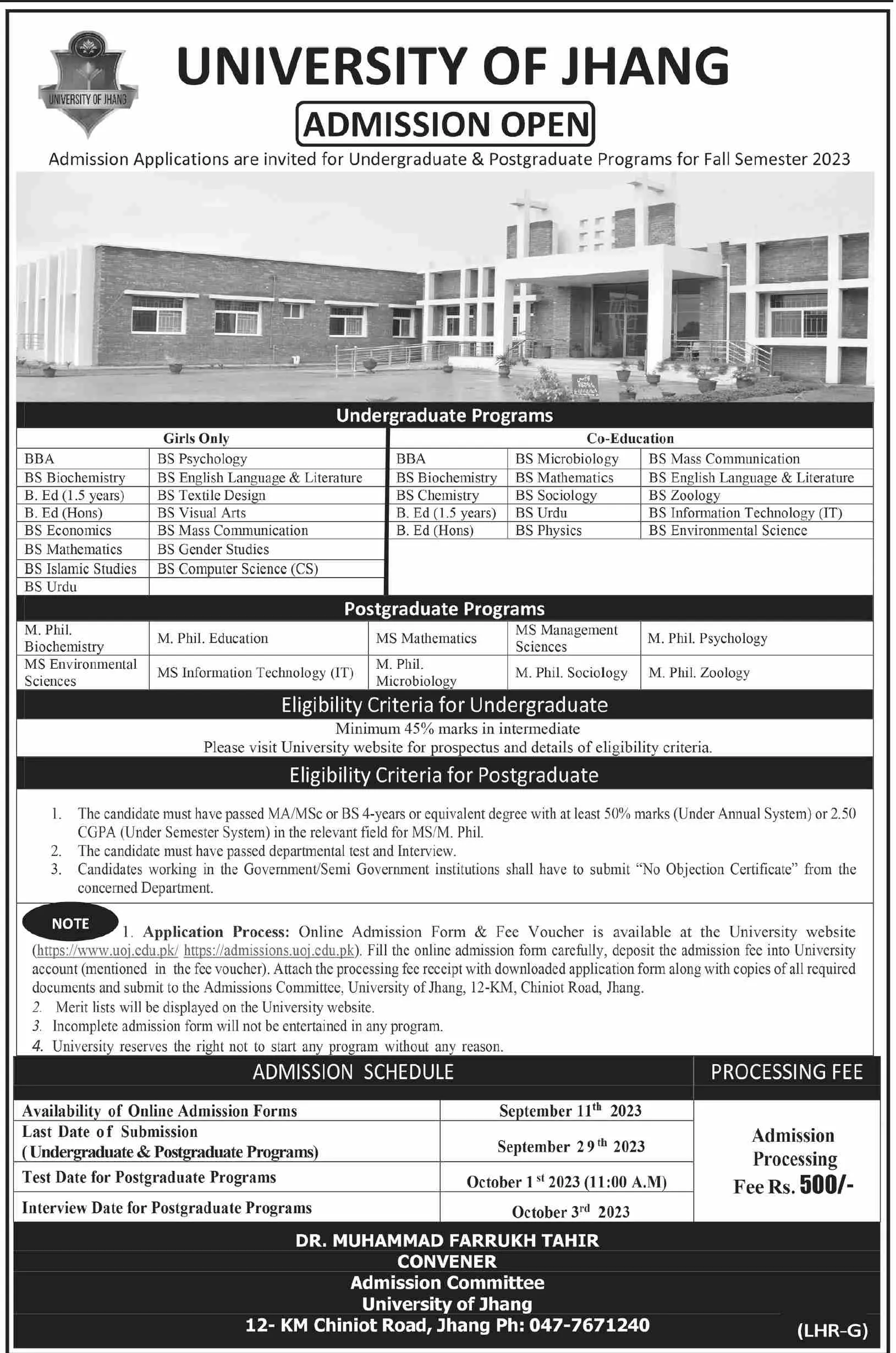 University of Jhang Punjab Admissions 2023 Admissions 2023 — original advertisement
