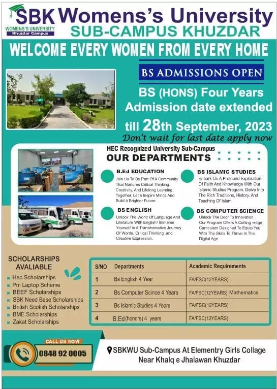 SBK WomenS University Sub Campus Khuzdar Admissions 2023 – Sardar Bahadur Khan Women's University Quetta Admissions 2023 — original advertisement