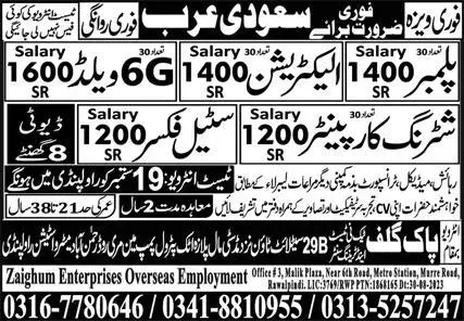 Electrician steel fixer & shuttering carpenter Jobs Riyadh – Zaighum Enterprises Overseas Employment Jobs 2023 — original advertisement