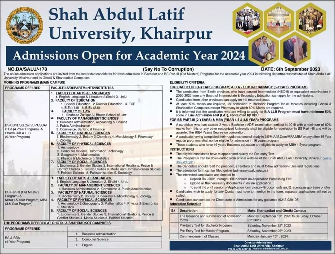 Shah Abdul Latif University khairpur admissions 2024 Admissions 2023 — original advertisement