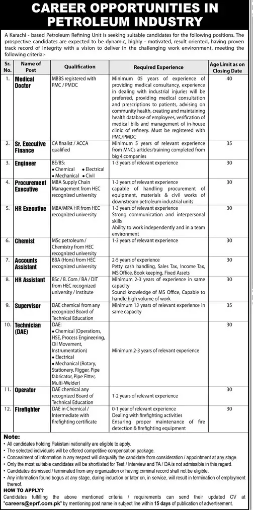 Petroleum Refining Company Karachi Jobs 2023 – Private Company Jobs 2023 — original advertisement