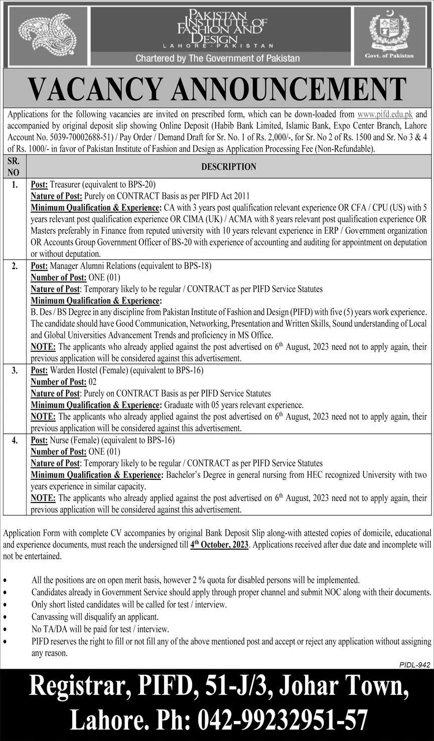 Pakistan Institute of Fashion and Design PIFD Lahore Jobs Jobs 2023 — original advertisement