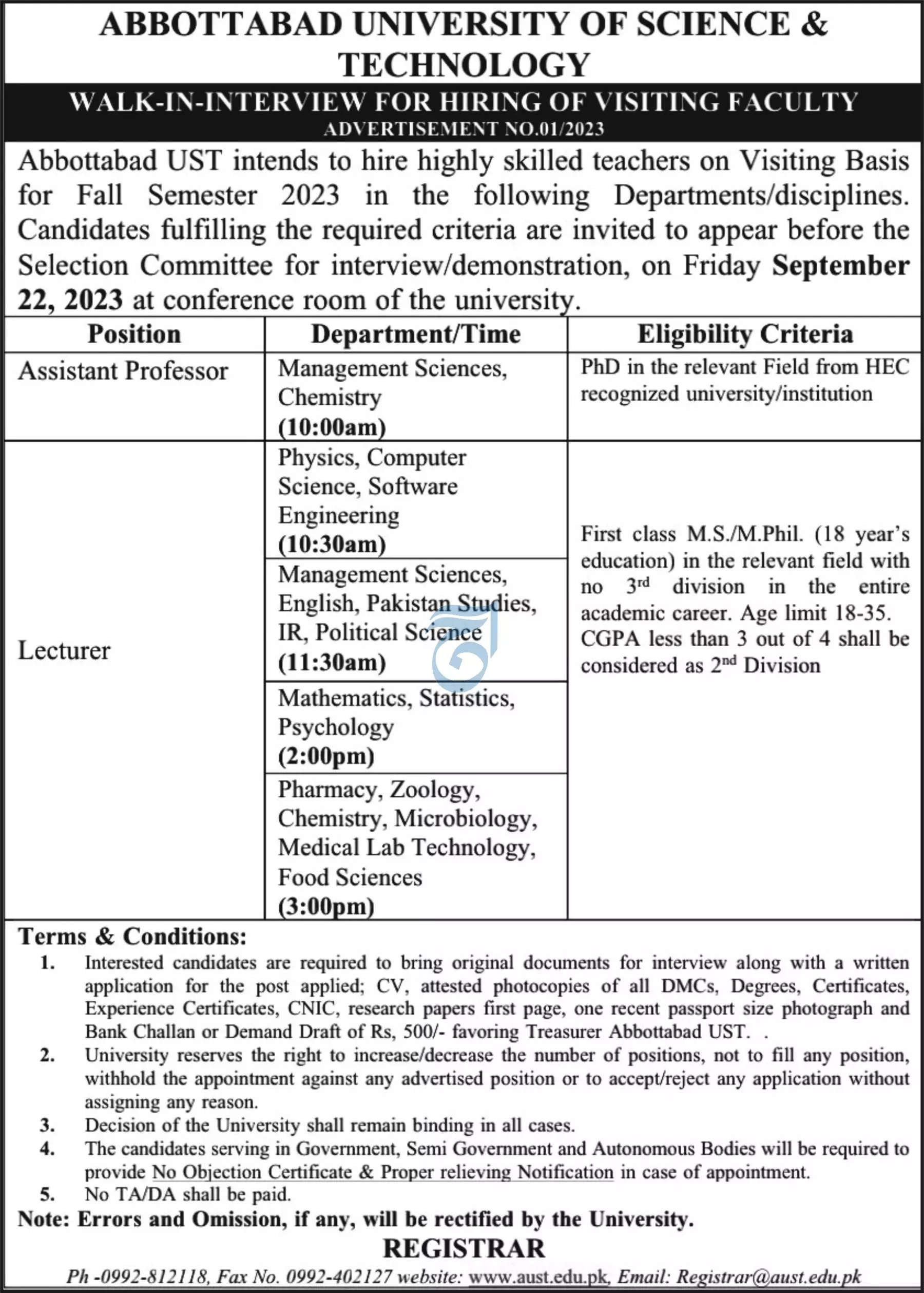 Abbottabbad University of Science And Technology Jobs 2023 – Abbottabad University of Science and Technology Jobs 2023 — original advertisement