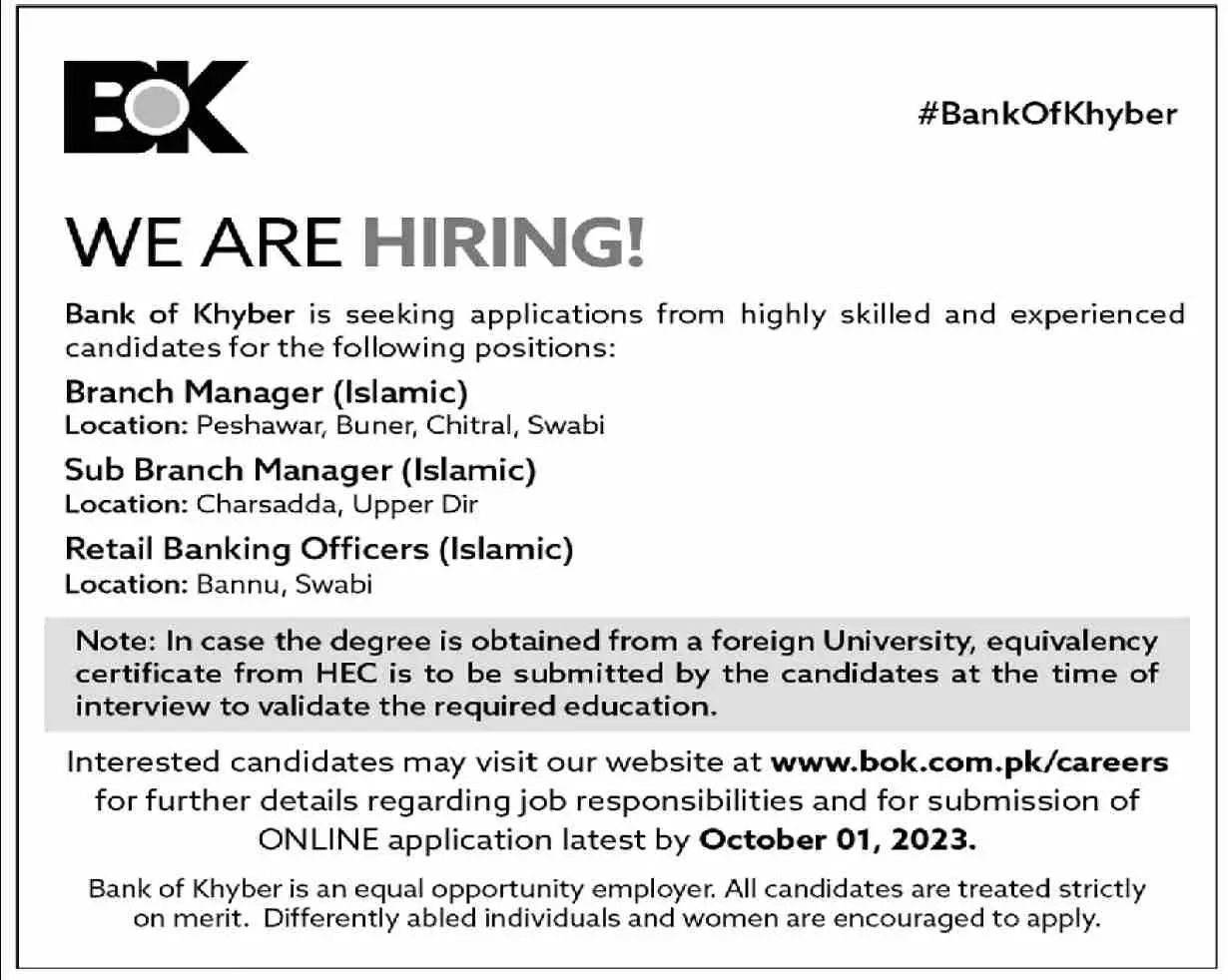 Bank of Khyber Peshawar Khyber Jobs 2023 Jobs 2023 — original advertisement