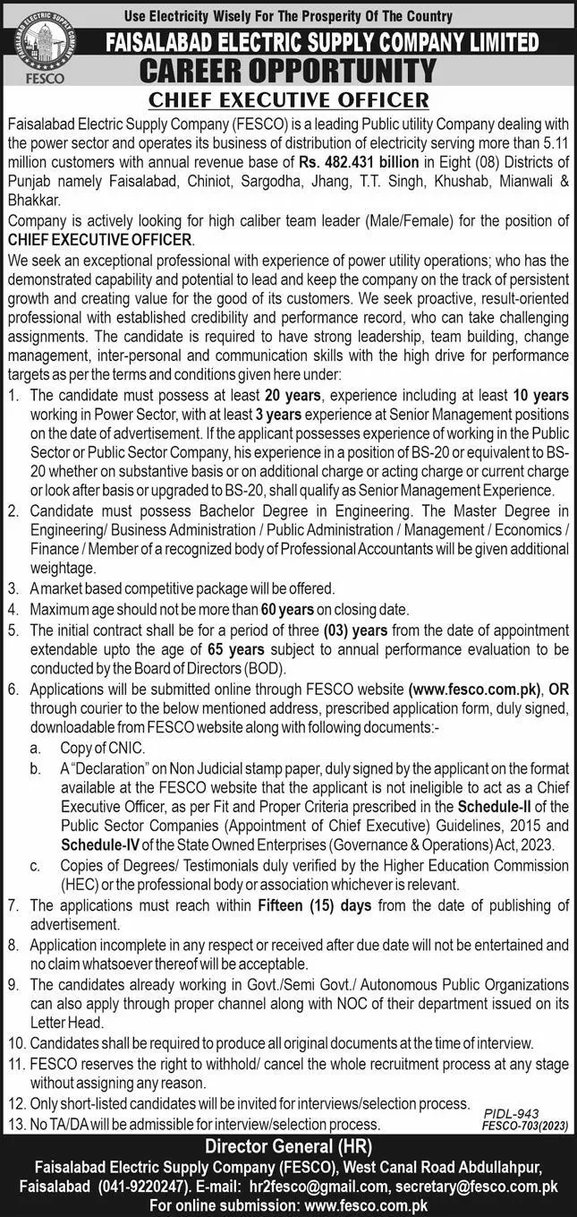 Faisalabad Electric Supply Company Limited Faisalabad Jobs Jobs 2023 — original advertisement