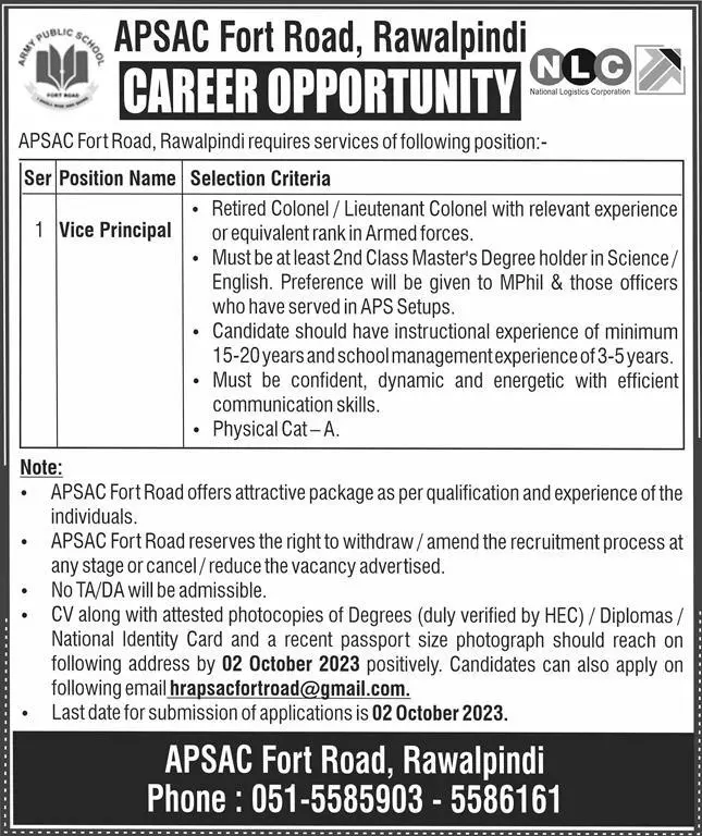 Army Public School And College Rawalpindi Jobs 2023 – Army Public School & College Paksitan Jobs 2023 — original advertisement