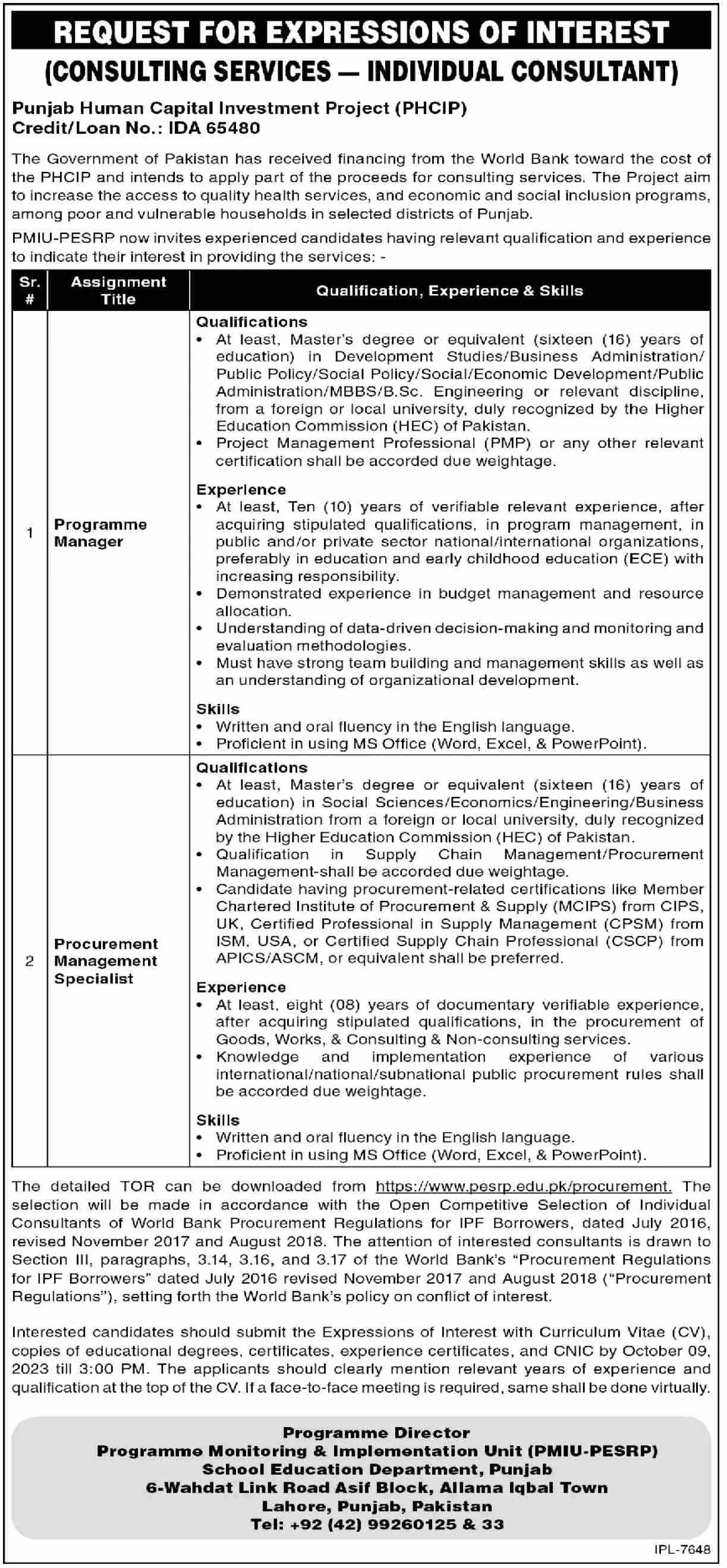 Punjab Human Capital Investment Project Lahore Jobs 2023 – Private Sector Organization Jobs 2023 — original advertisement