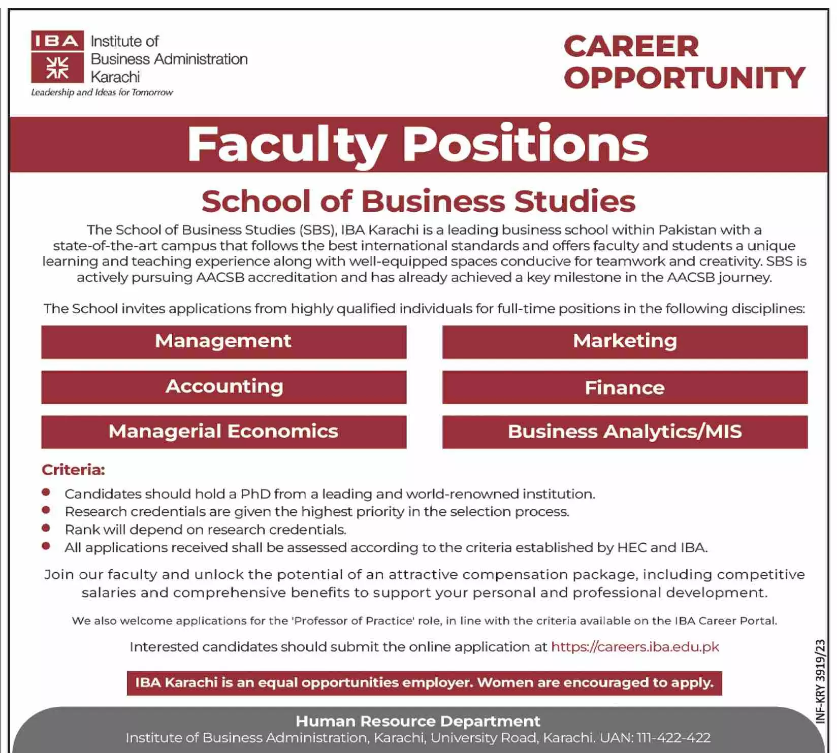 Institute Of Business Administration IBA Karachi Jobs 2023 Jobs 2023 — original advertisement