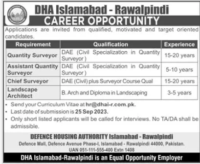 DHA Islamabad Rawalpindi Jobs 2023 – Defence Housing Authority Jobs 2023 — original advertisement