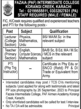 Fazaia PAF iInternediate College KorangI Karachi Jobs 2023 – Fazaia Schools & Colleges Jobs 2023 — original advertisement