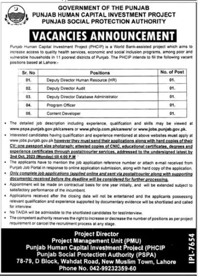 Punjab Human Capital Investment Project  Lahore Jobs 2023 – Punjab Social Protection Authority Jobs 2023 — original advertisement