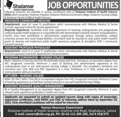 Shalamar Institute of Health Sciences Lahore Jobs 2023 Jobs 2023 — original advertisement