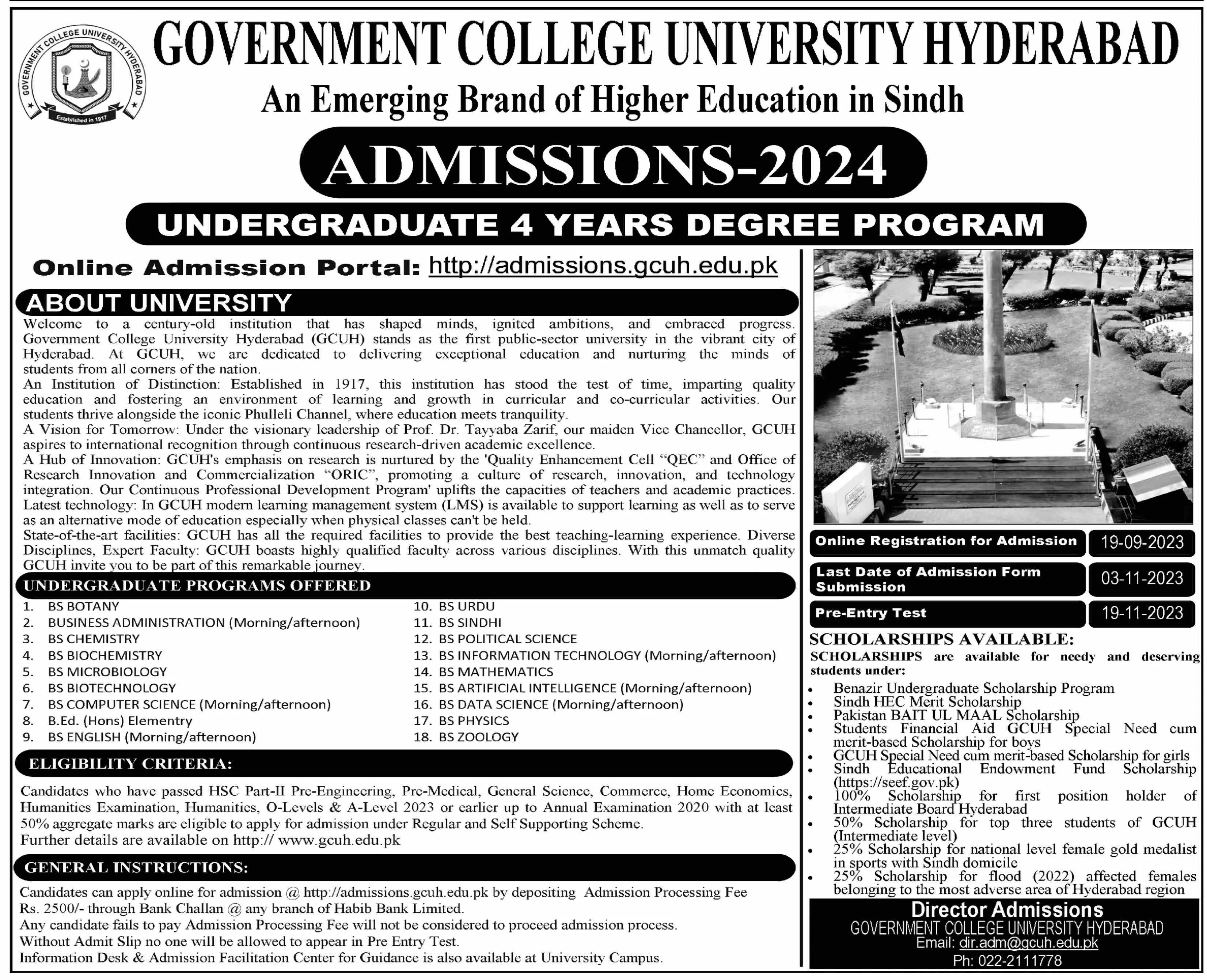 Government College University Hyderabad Admissions 2024 Admissions 2023 — original advertisement