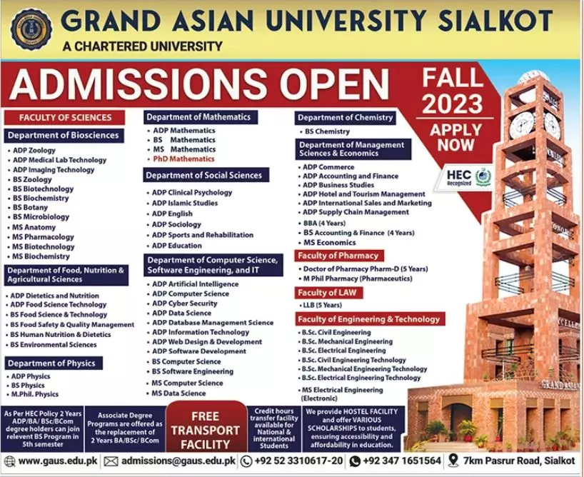 Grand Asian University Sialkot Admissions 2023 Admissions 2023 — original advertisement