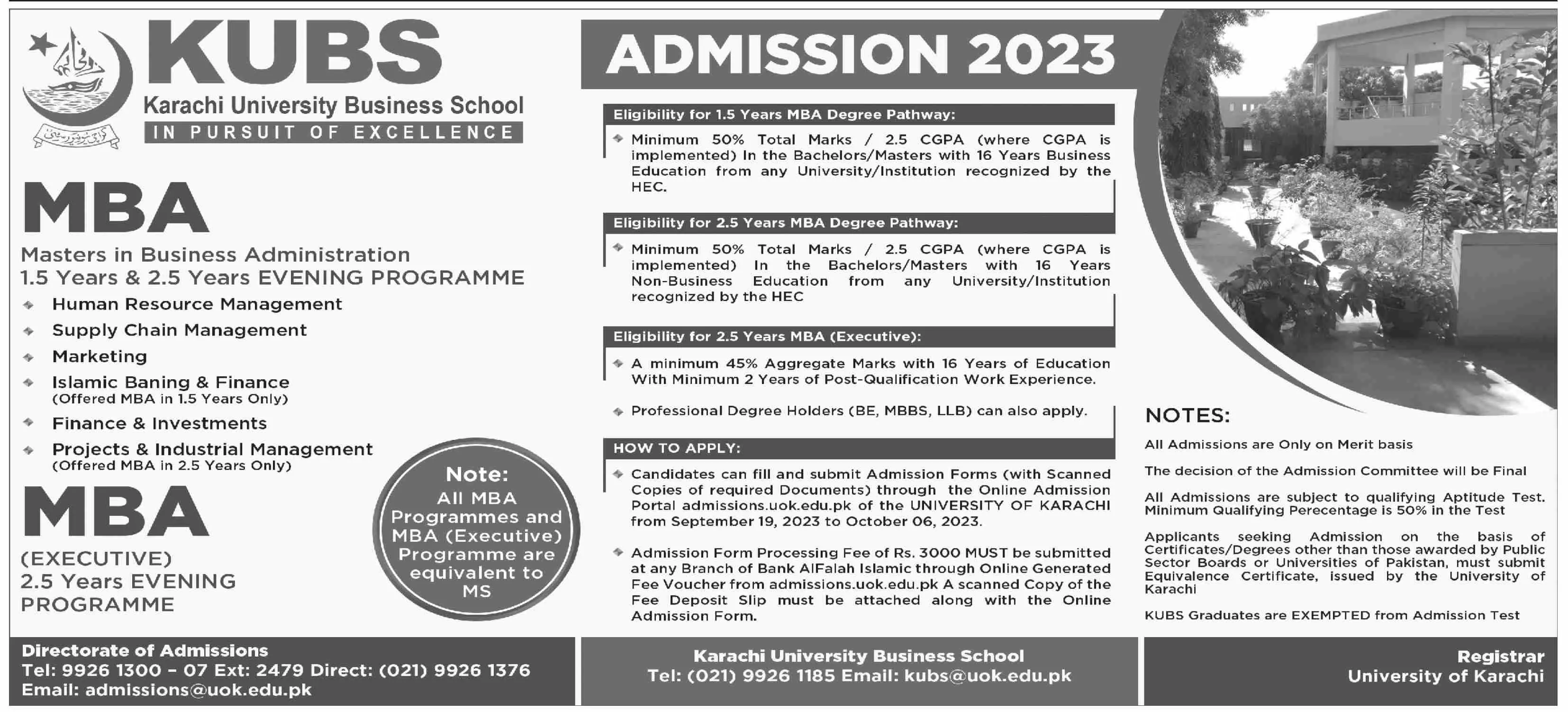 Karachi University Business School Kubs Admissions 2023 Admissions 2023 — original advertisement