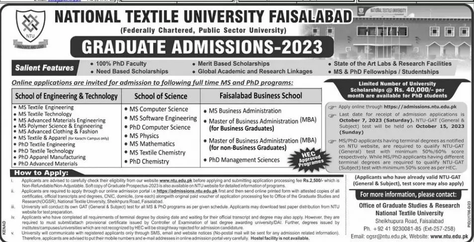 National textile University Faislabad Admissions 2023 – National Textile University Faisalabad | NTU Admissions 2023 — original advertisement