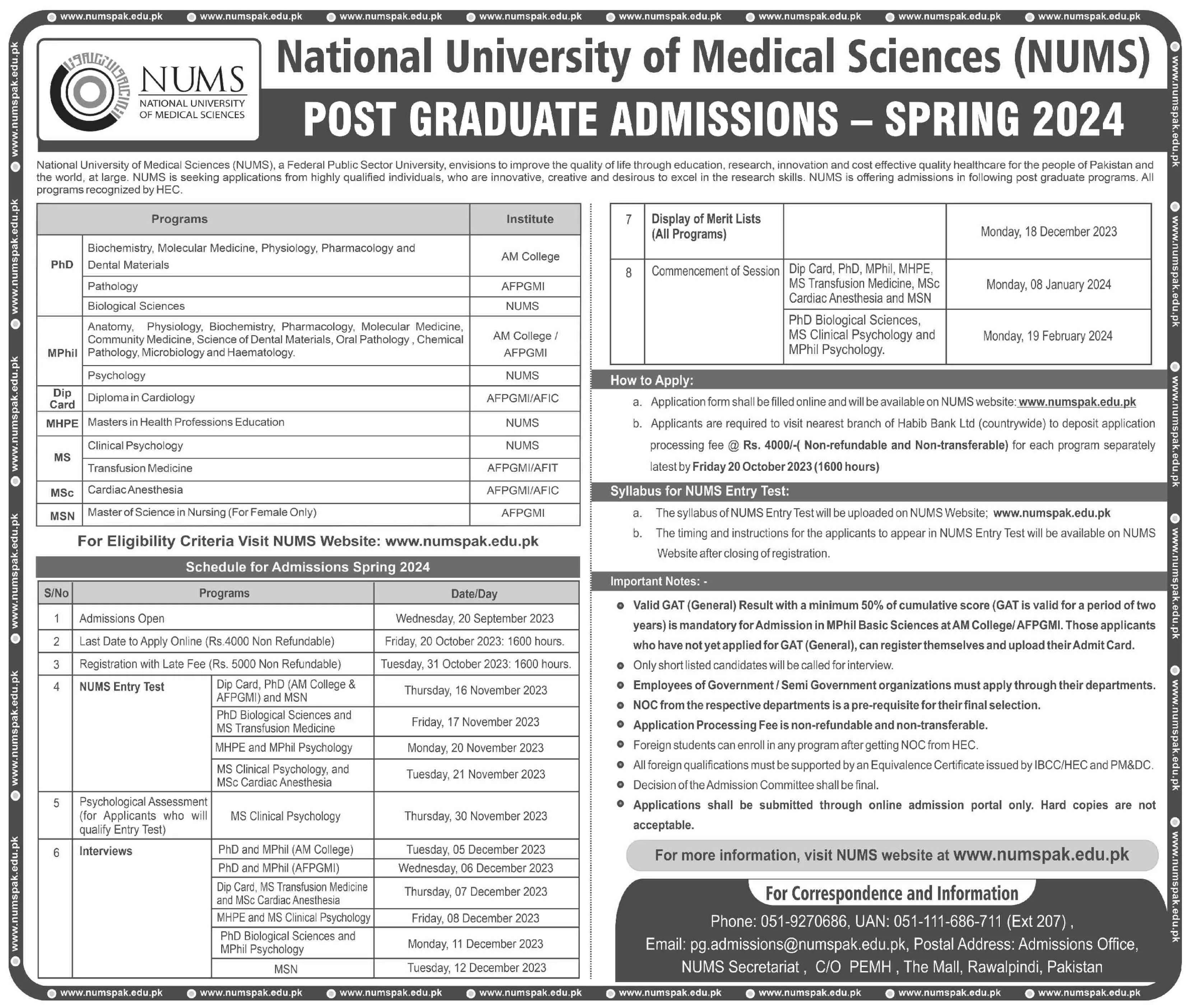 National University of Medical Sciences Nums Admissions 2023 – National University of Medical Science NUMS Admissions 2023 — original advertisement