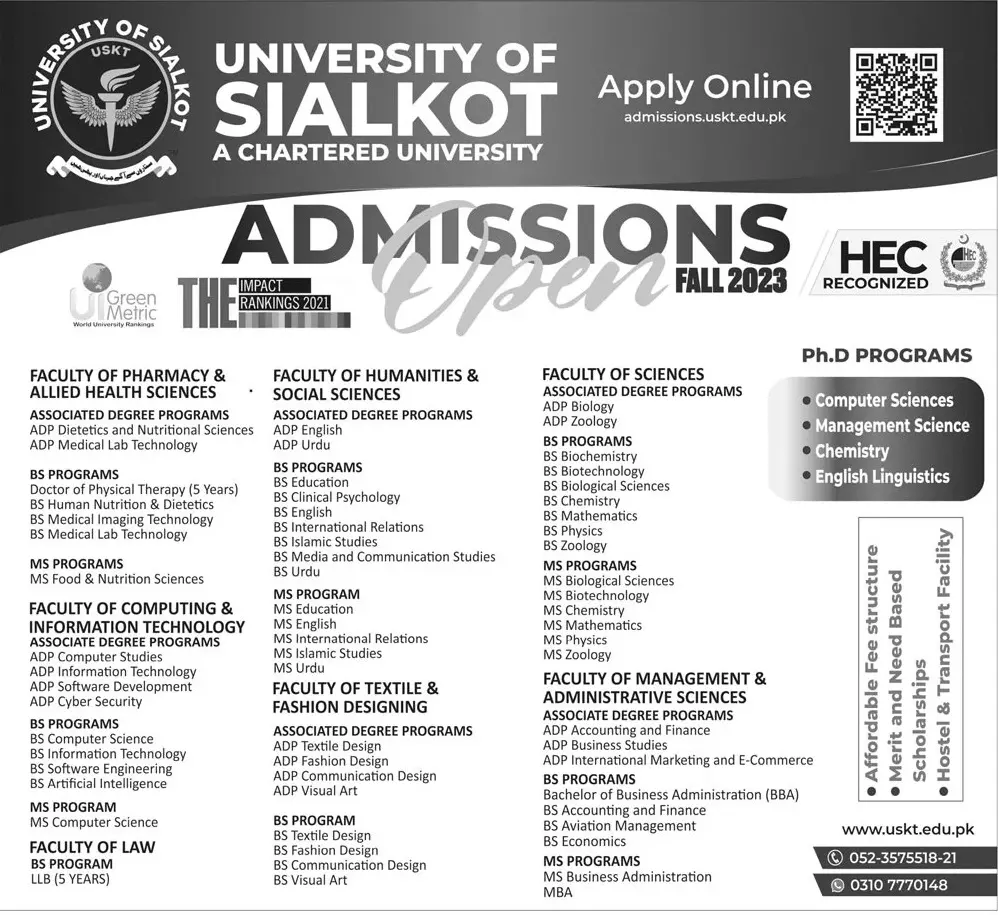 University of Sialkot Admissions 2023 Admissions 2023 — original advertisement