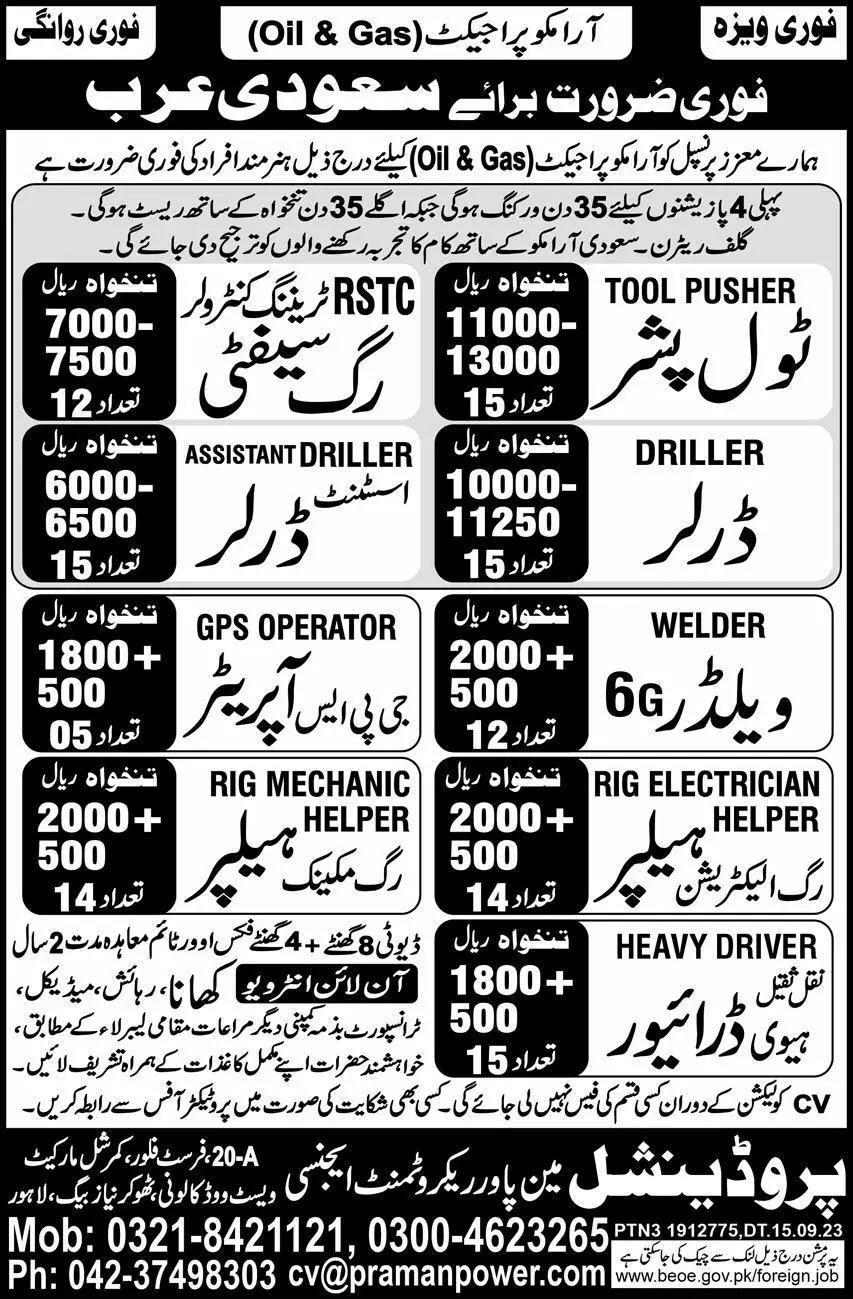 Tool Pusher And Welder Jobs 2023 In Saudi Arabia – Production Manpower Jobs 2023 — original advertisement